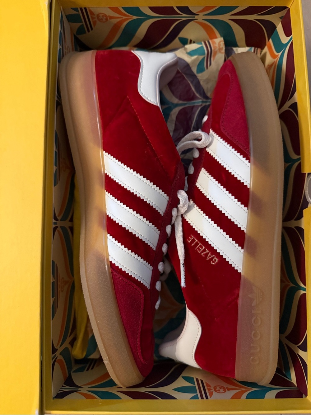 adidas x Gucci Red Suede/Velvet Sneakers with White Stripes